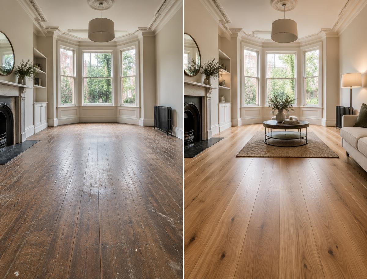 Wooden floor before and after restoration