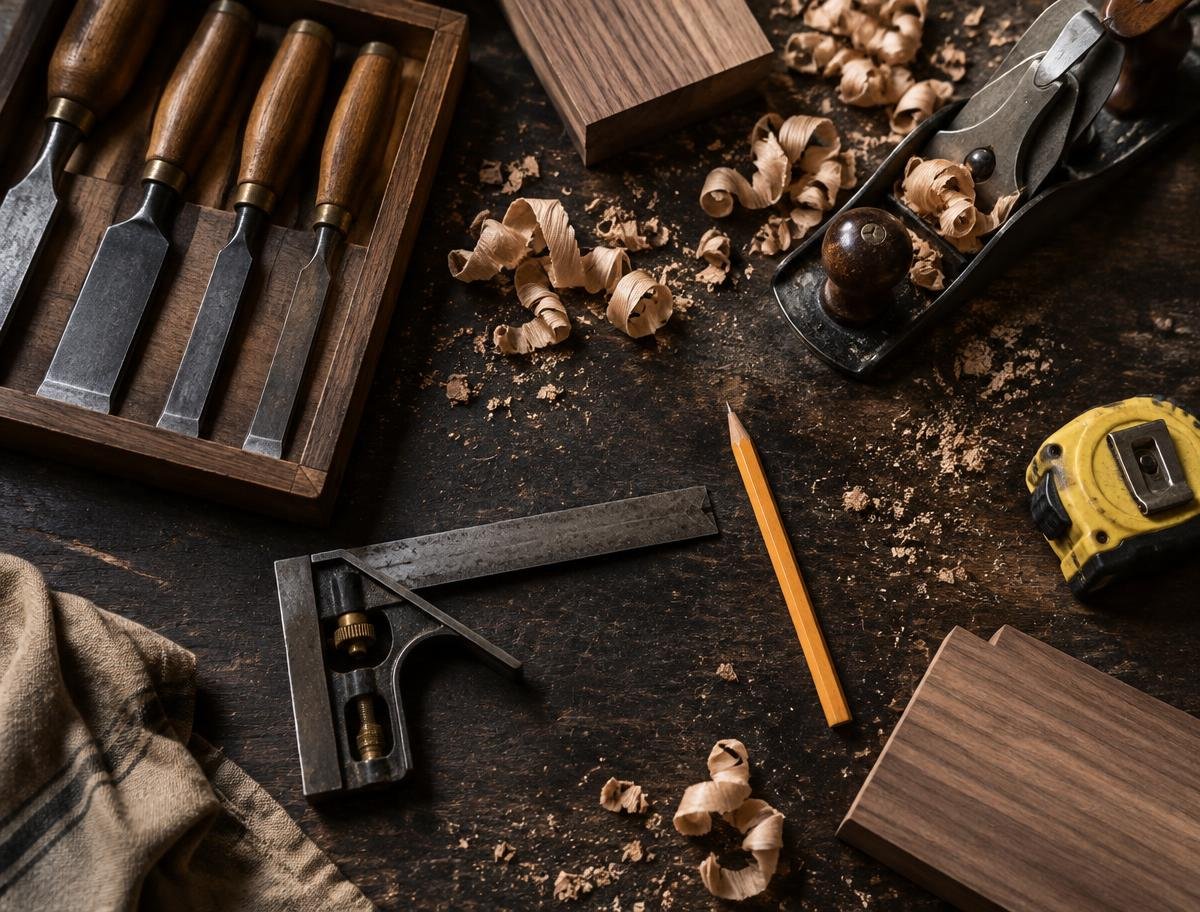 Precision carpenter tools arranged on a workbench